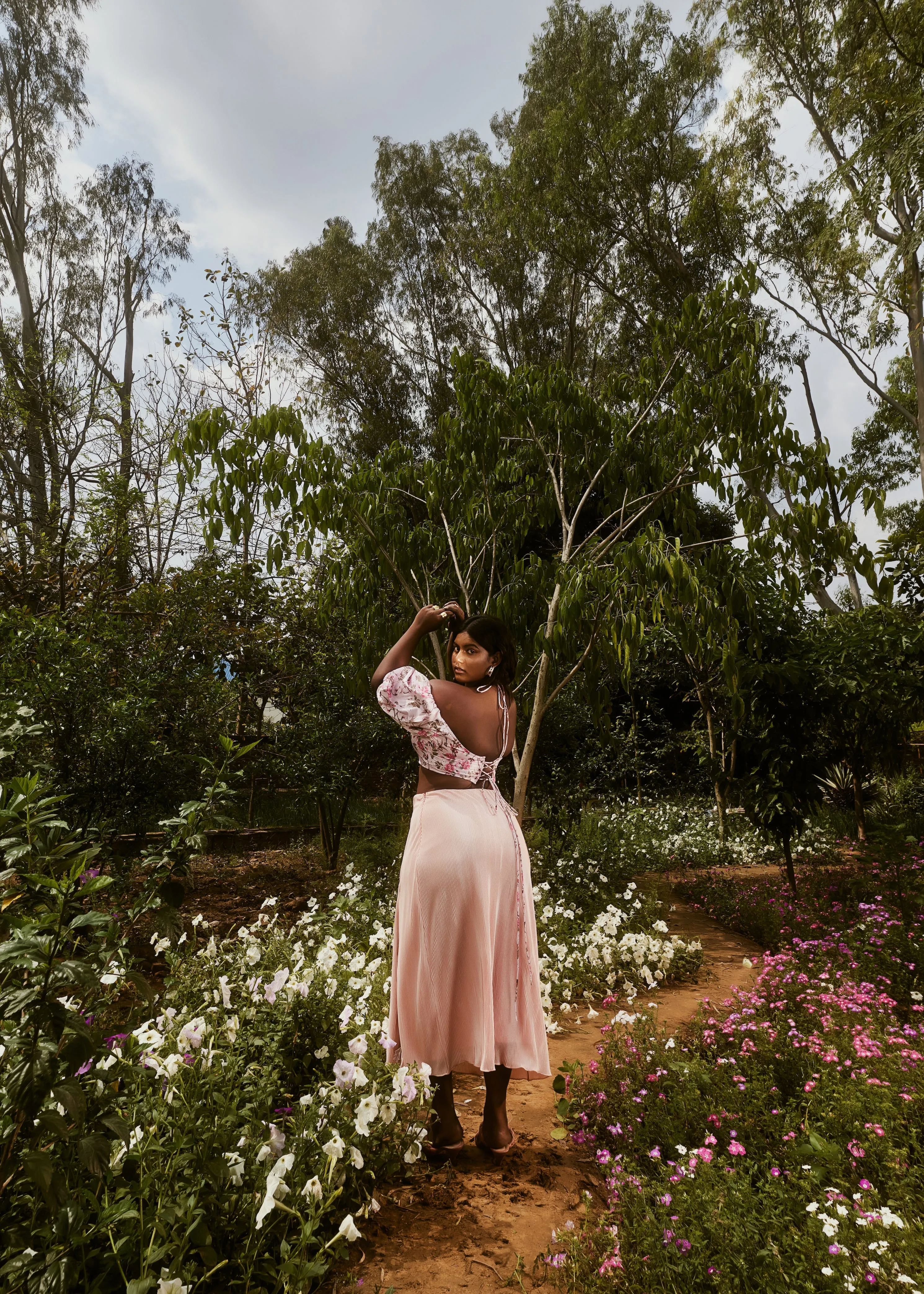 Venetia Peach Floral Top & Pleated Skirt Set
