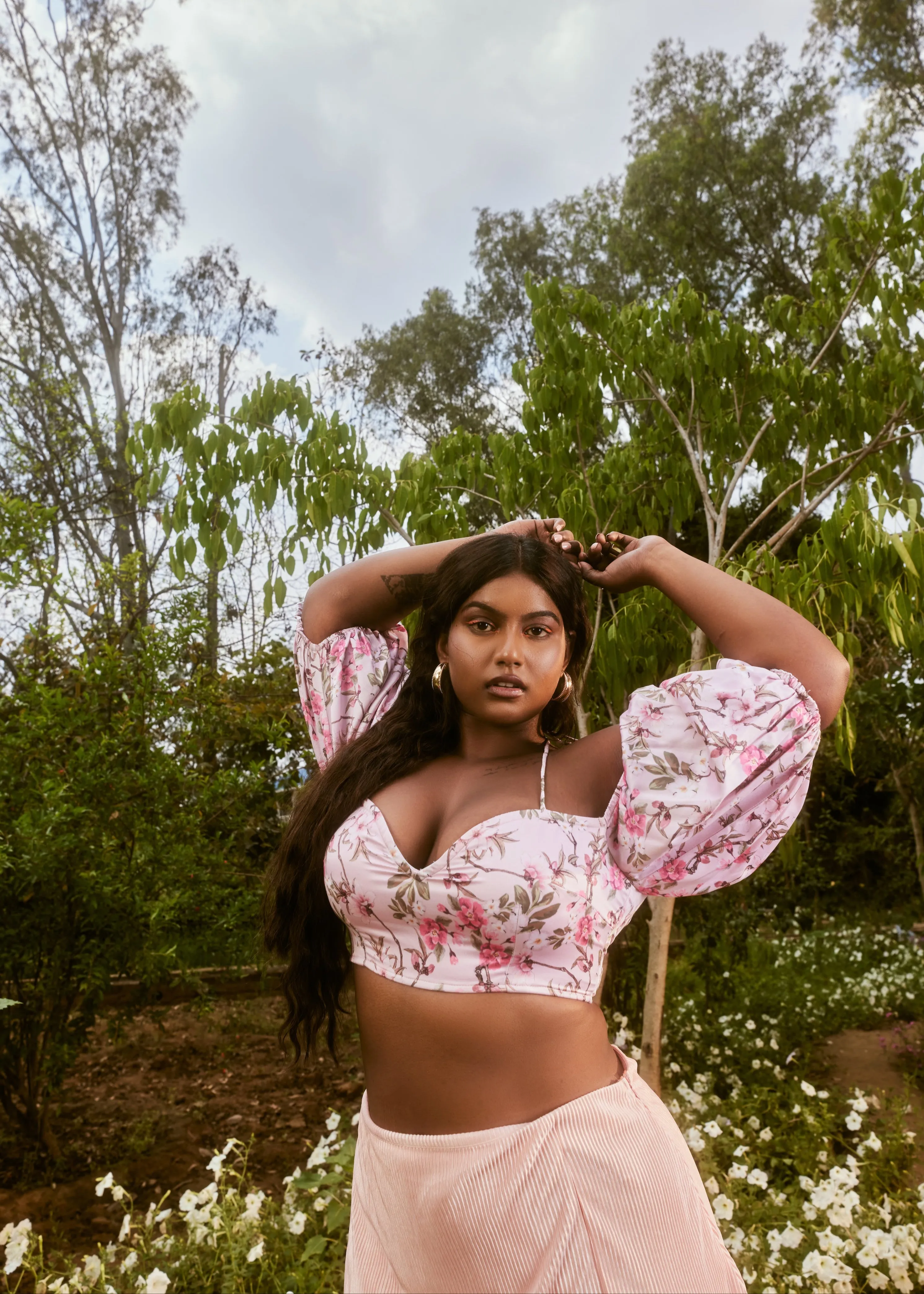 Venetia Peach Floral Top & Pleated Skirt Set