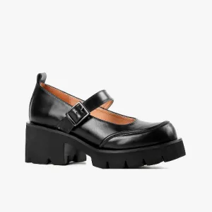 WIDE LUG Mary Jane Black Shoes