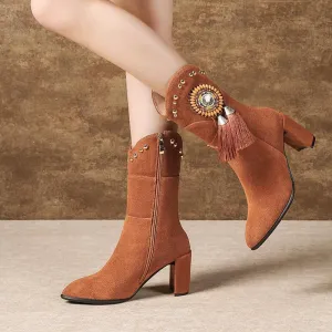 Winter Brown Suede Fringe Chunky Heel Calf Boots