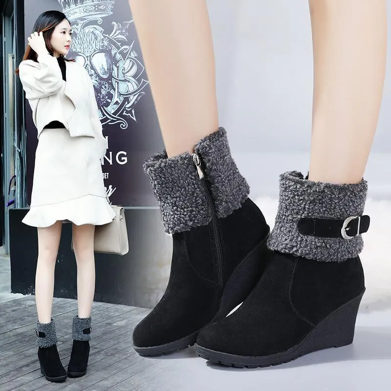 Winter Wedges High Heel Suede Zipper Calf Boots
