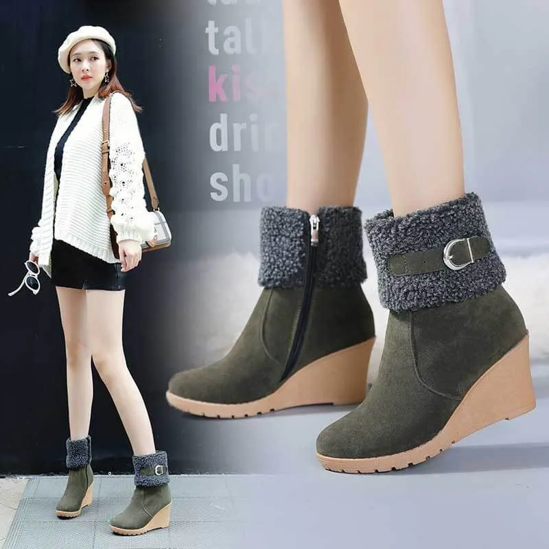 Winter Wedges High Heel Suede Zipper Calf Boots