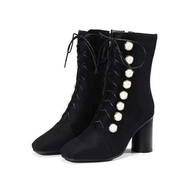 Women's Elegant Suede Pearl Block Heel Short Boots 65451753S