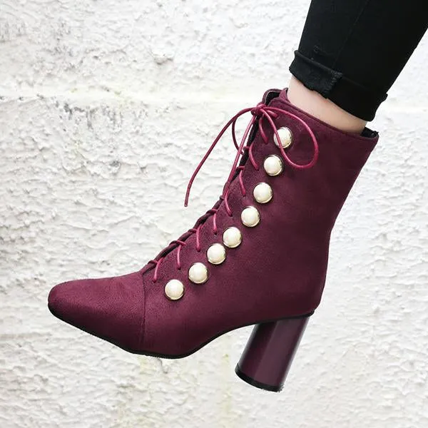 Women's Elegant Suede Pearl Block Heel Short Boots 65451753S