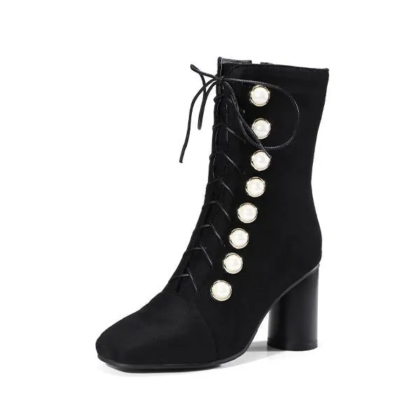 Women's Elegant Suede Pearl Block Heel Short Boots 65451753S