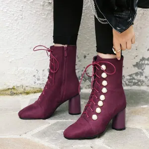 Women's Elegant Suede Pearl Block Heel Short Boots 65451753S
