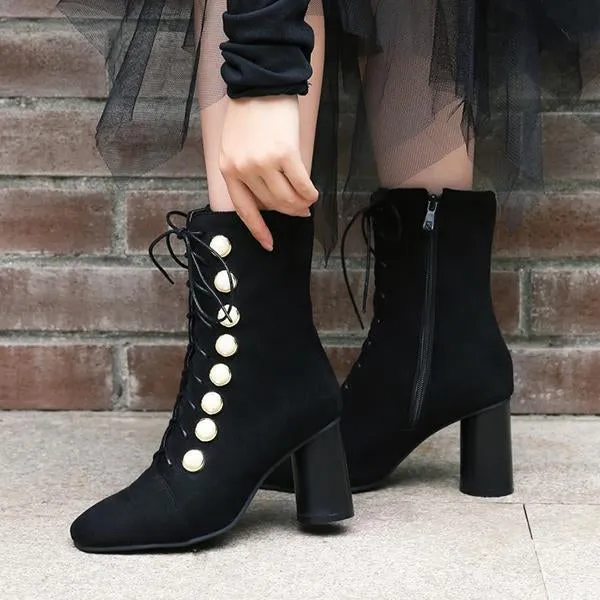 Women's Elegant Suede Pearl Block Heel Short Boots 65451753S