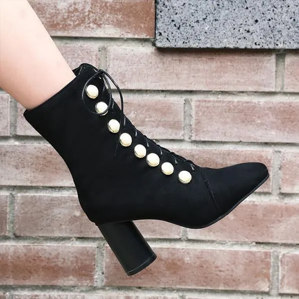 Women's Elegant Suede Pearl Block Heel Short Boots 65451753S