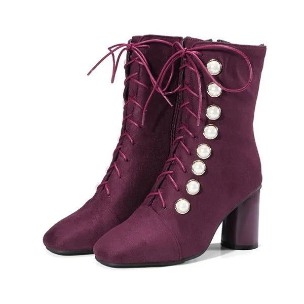 Women's Elegant Suede Pearl Block Heel Short Boots 65451753S