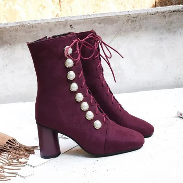 Women's Elegant Suede Pearl Block Heel Short Boots 65451753S
