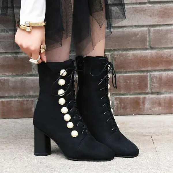Women's Elegant Suede Pearl Block Heel Short Boots 65451753S