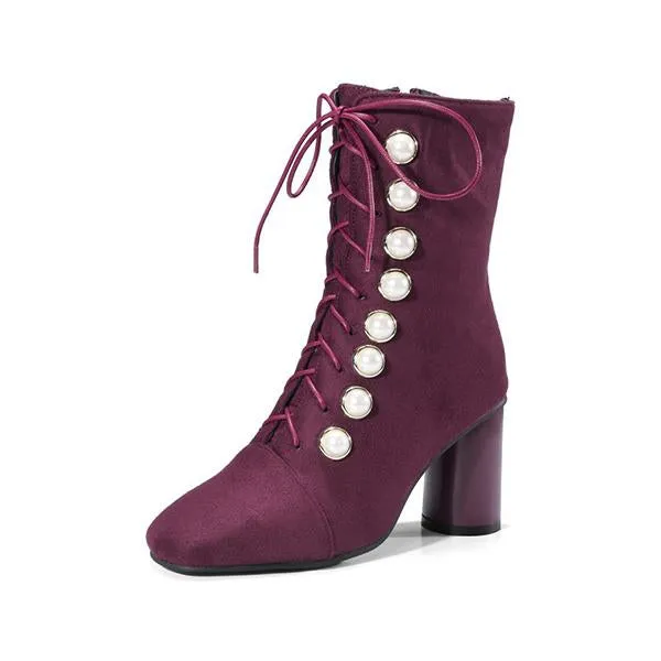 Women's Elegant Suede Pearl Block Heel Short Boots 65451753S