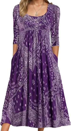 Womens Plus Size Floral Midi Dresses 2025 Casual Smocked Crewneck Long Dress with Pockets Long Sleeve Vacation Dress