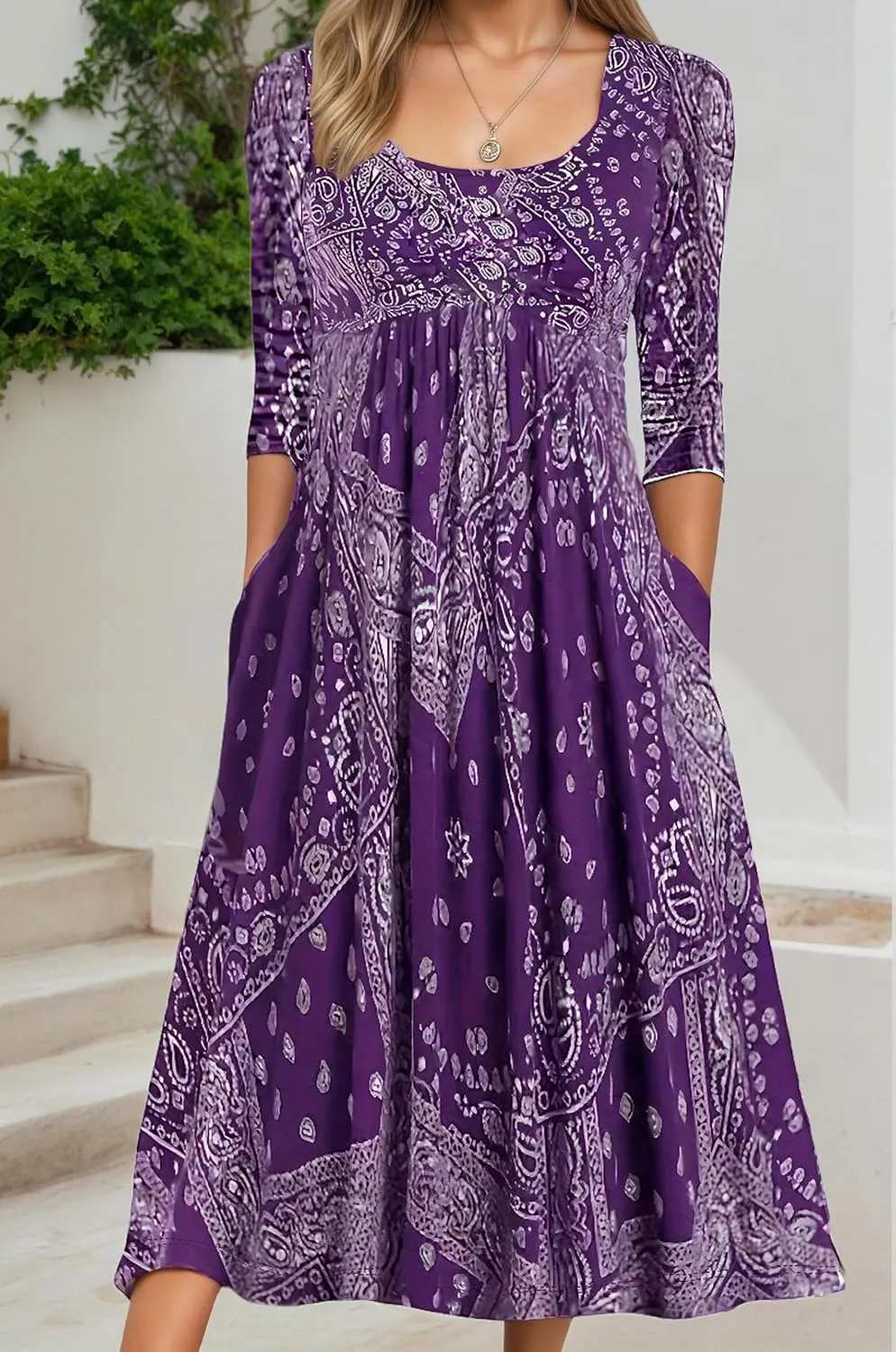 Womens Plus Size Floral Midi Dresses 2025 Casual Smocked Crewneck Long Dress with Pockets Long Sleeve Vacation Dress