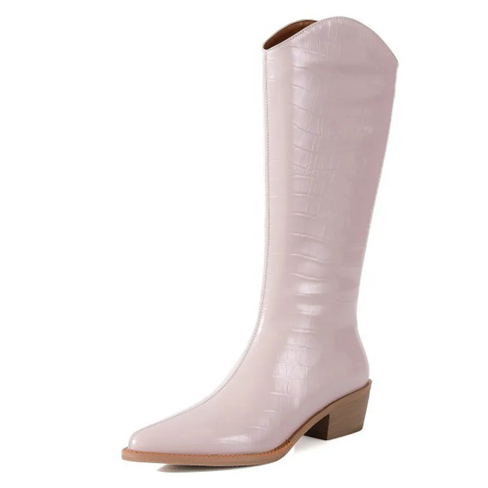 Womens Pointed Toe Patent Leather Pull On Tall Top Western Boots with Heel
