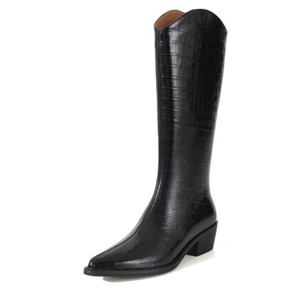 Womens Pointed Toe Patent Leather Pull On Tall Top Western Boots with Heel