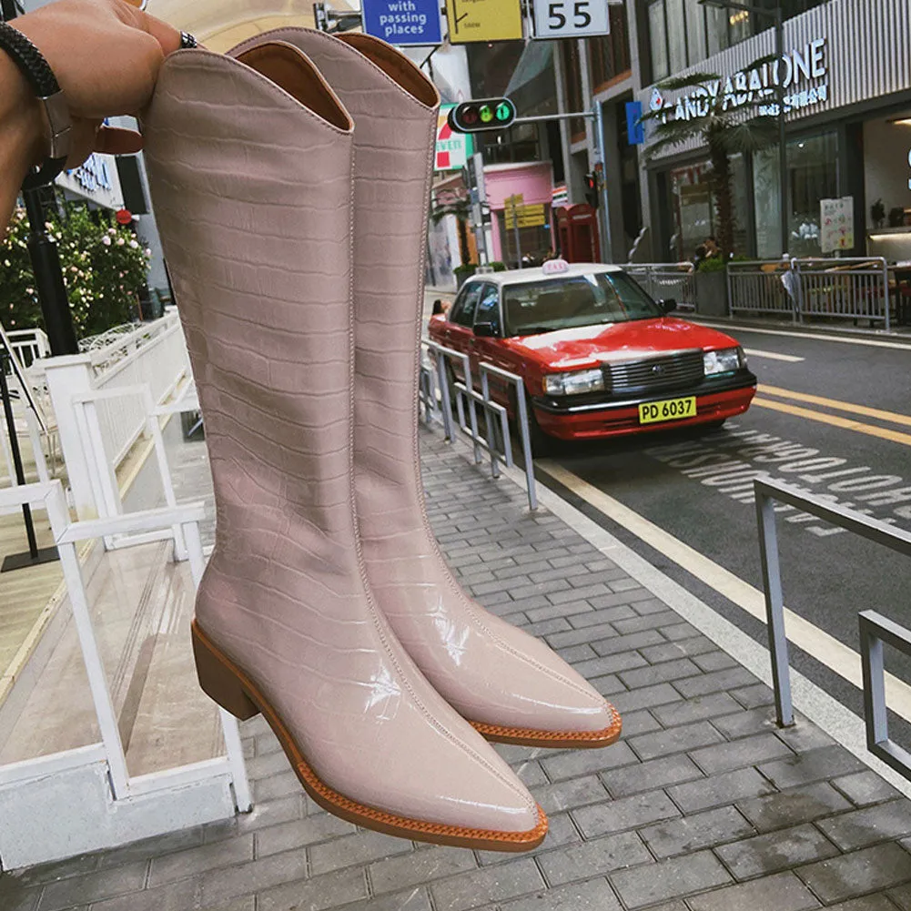 Womens Pointed Toe Patent Leather Pull On Tall Top Western Boots with Heel
