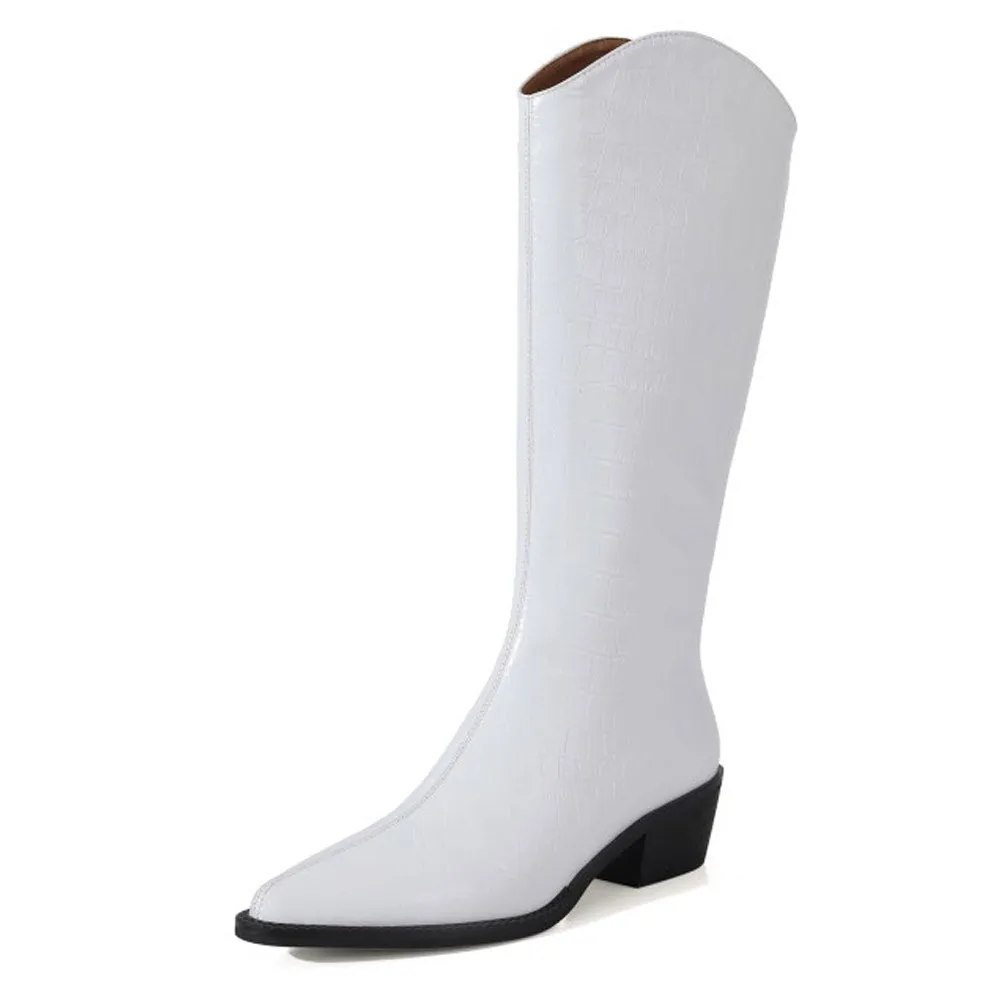 Womens Pointed Toe Patent Leather Pull On Tall Top Western Boots with Heel