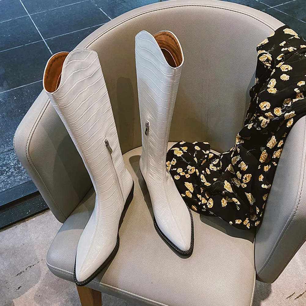 Womens Pointed Toe Patent Leather Pull On Tall Top Western Boots with Heel