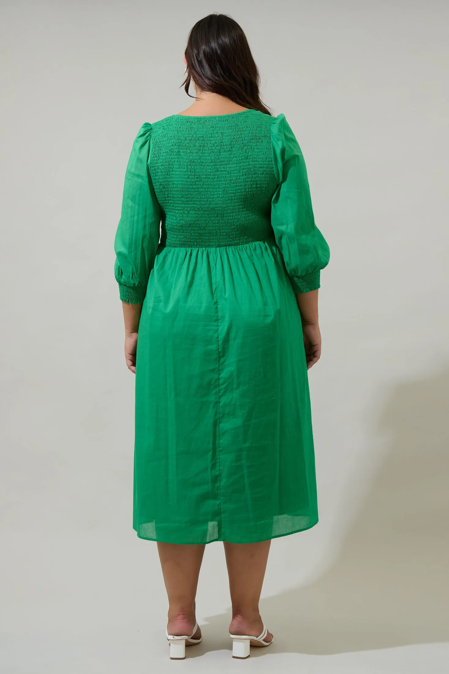 Zelda Smocked Long Sleeve Cotton Voile Midi Dress Curve