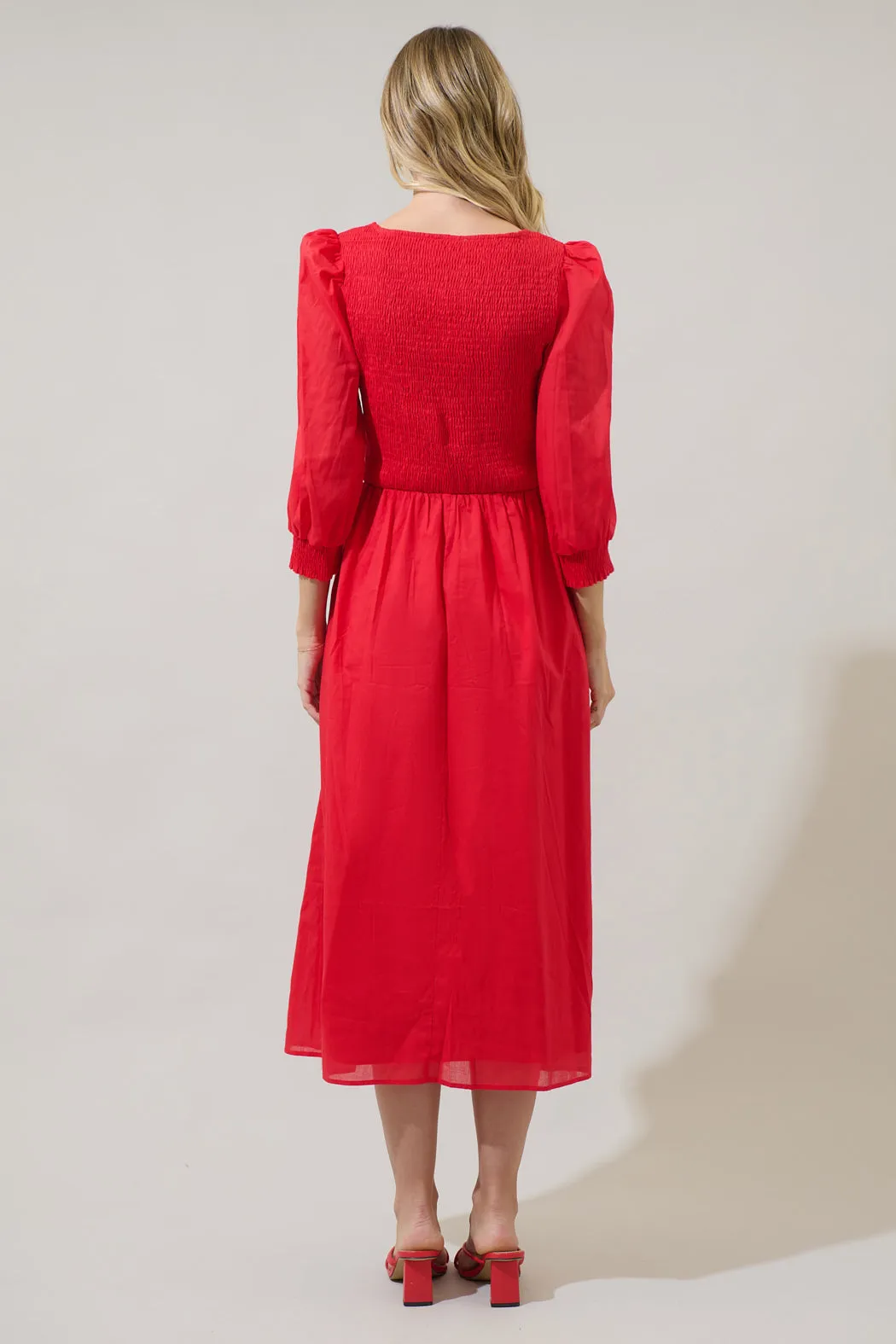 Zelda Smocked Long Sleeve Cotton Voile Midi Dress