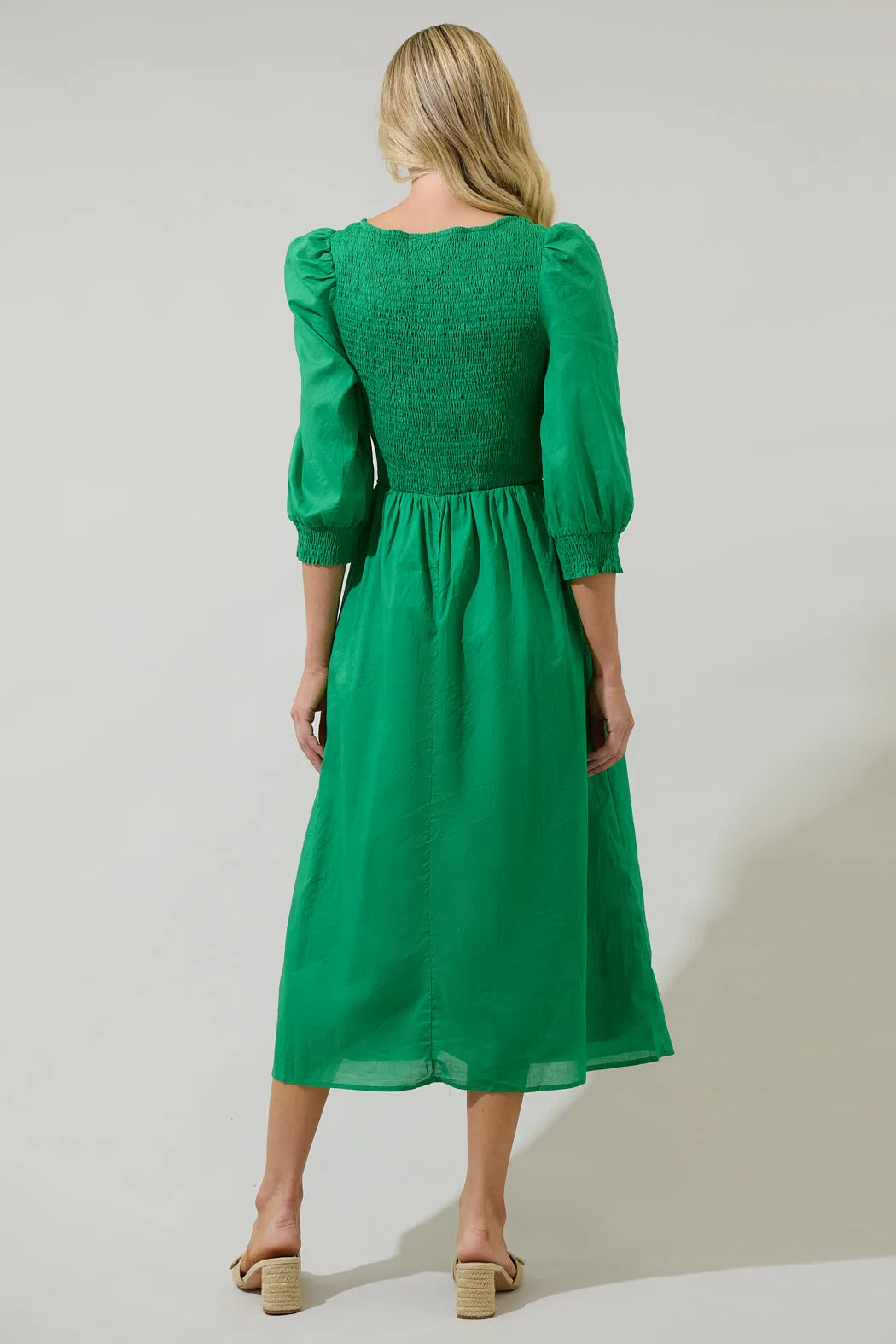 Zelda Smocked Long Sleeve Cotton Voile Midi Dress
